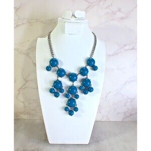 Bubble Cabochon Chandelier Drop Necklace Blue Chunky Statement Silver Tone